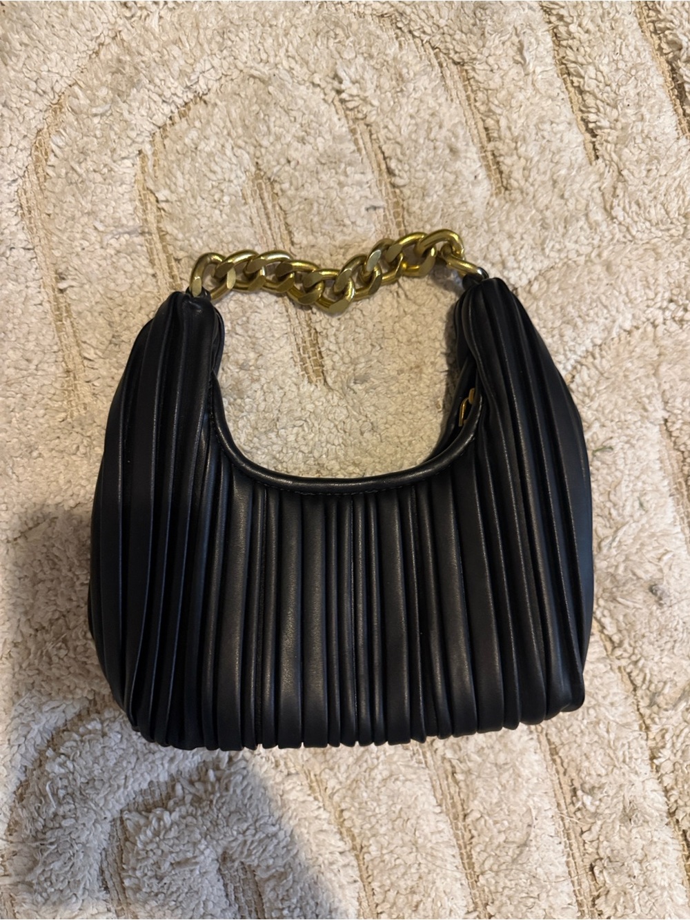 Black Pleated Hobo Bag with Gold Chain Handle